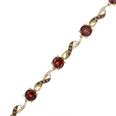 6.0mm Garnet, Smoky Quartz and Diamond Accent Bracelet in 10K Gold - 7.25"