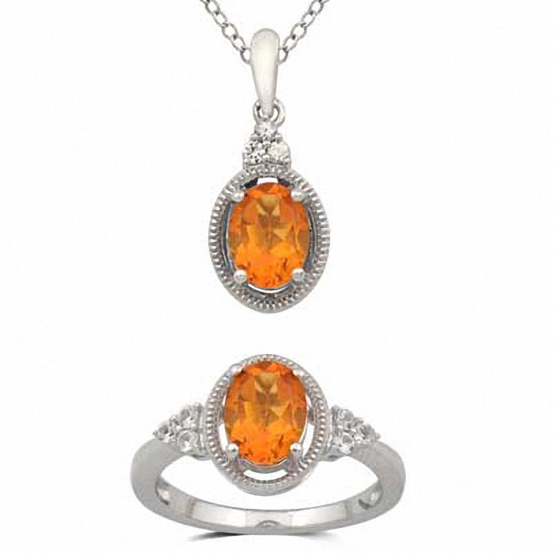 Oval Citrine and Lab-Created White Sapphire Pendant and Ring Set in Sterling Silver - Size 7|Peoples Jewellers