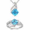 Thumbnail Image 0 of 7.0mm Cushion-Cut Swiss Blue Topaz and Lab-Created White Sapphire Pendant and Ring Set in Sterling Silver - Size 7