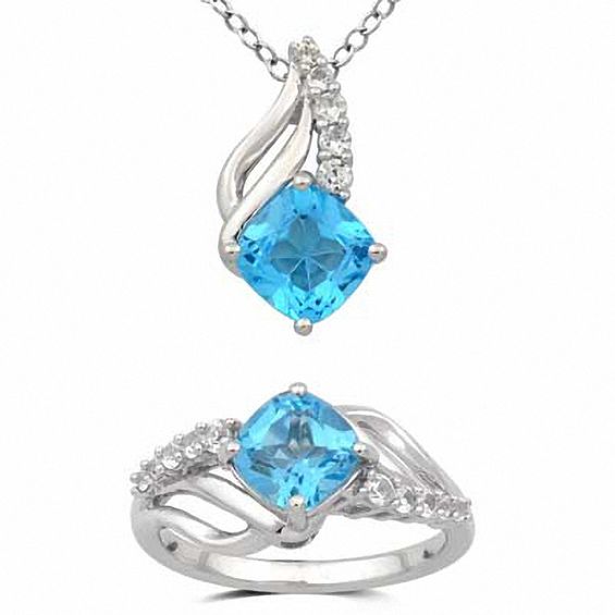 7.0mm Cushion-Cut Swiss Blue Topaz and Lab-Created White Sapphire Pendant and Ring Set in Sterling Silver - Size 7