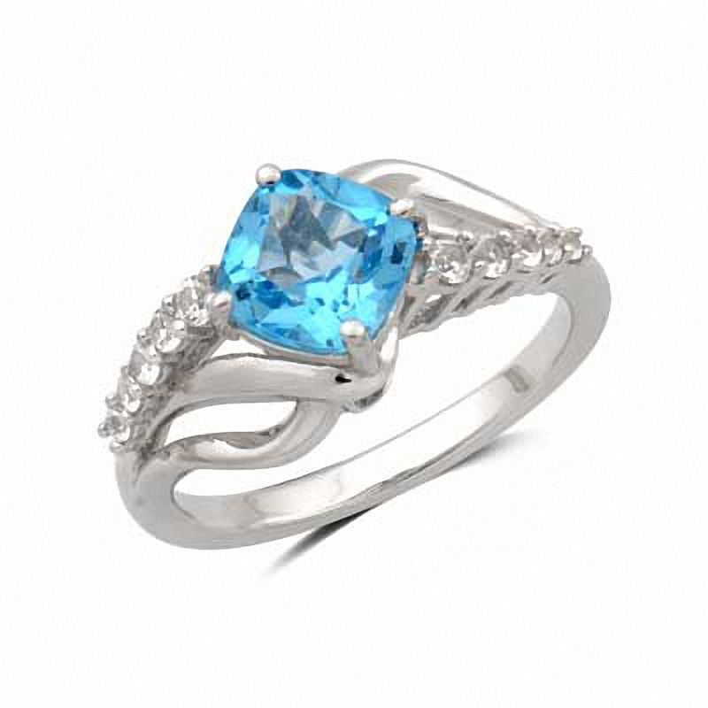 7.0mm Cushion-Cut Swiss Blue Topaz and Lab-Created White Sapphire Pendant and Ring Set in Sterling Silver - Size 7|Peoples Jewellers