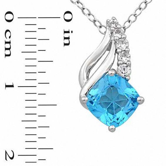 7.0mm Cushion-Cut Swiss Blue Topaz and Lab-Created White Sapphire Pendant and Ring Set in Sterling Silver - Size 7