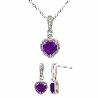 7.0mm Heart-Shaped Amethyst and Lab-Created White Sapphire Pendant and Earrings Set in Sterling Silver