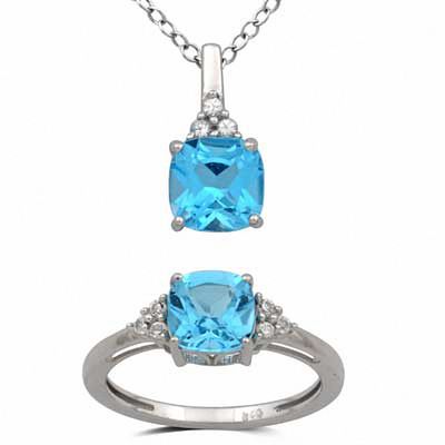 7.0mm Cushion-Cut Blue Topaz and Lab-Created White Sapphire Pendant and Ring Set in Sterling Silver - Size 7