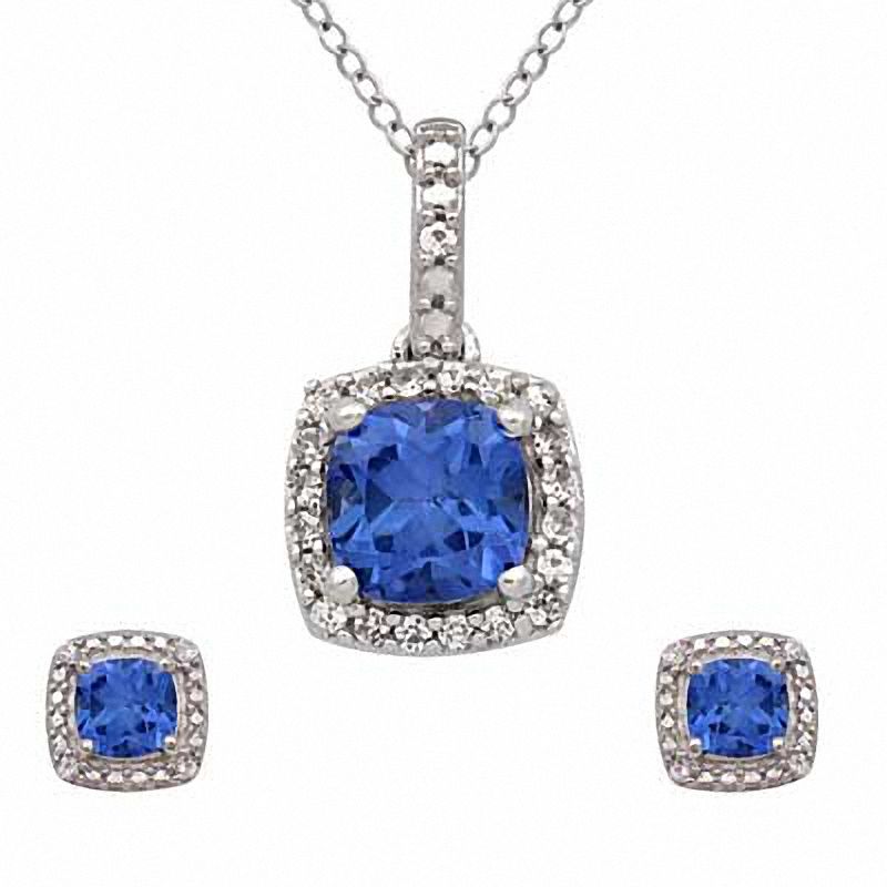 6.0mm Cushion-Cut Lab-Created Ceylon and White Sapphire Pendant and Earrings Set in Sterling Silver|Peoples Jewellers