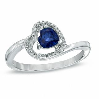 5.0mm Sideways Heart-Shaped Lab-Created Sapphire and Diamond Accent Ring in Sterling Silver