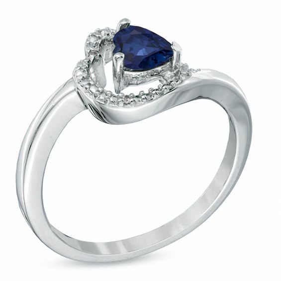 5.0mm Sideways Heart-Shaped Lab-Created Sapphire and Diamond Accent Ring in Sterling Silver