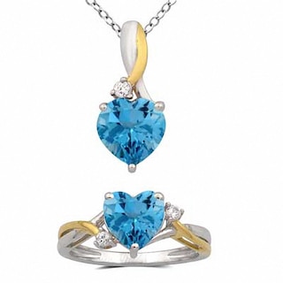 Heart-Shaped Blue Topaz and Lab-Created White Sapphire Pendant and Ring Set in Sterling Silver and 14K Gold Plate