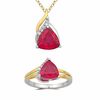 Thumbnail Image 0 of Trillion-Cut Lab-Created Ruby and White Sapphire Pendant and Ring Set in Sterling Silver and 14K Gold Plate - Size 7