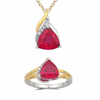 Trillion-Cut Lab-Created Ruby and White Sapphire Pendant and Ring Set in Sterling Silver and 14K Gold Plate - Size 7