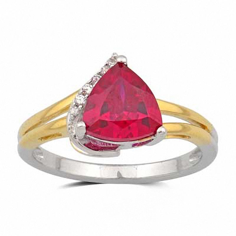 Trillion-Cut Lab-Created Ruby and White Sapphire Pendant and Ring Set in Sterling Silver and 14K Gold Plate - Size 7