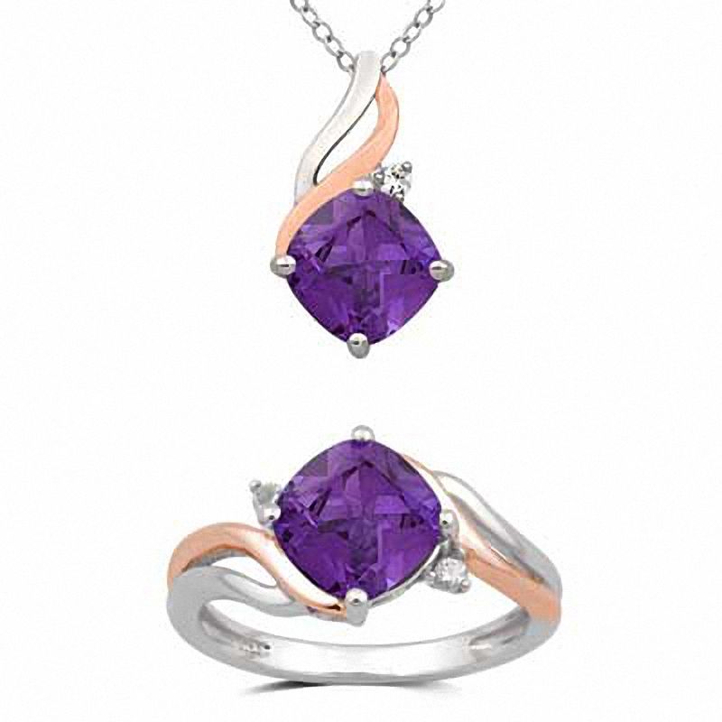 8.0mm Cushion-Cut Amethyst Pendant and Ring Set in Sterling Silver and 14K Rose Gold Plate - Size 7