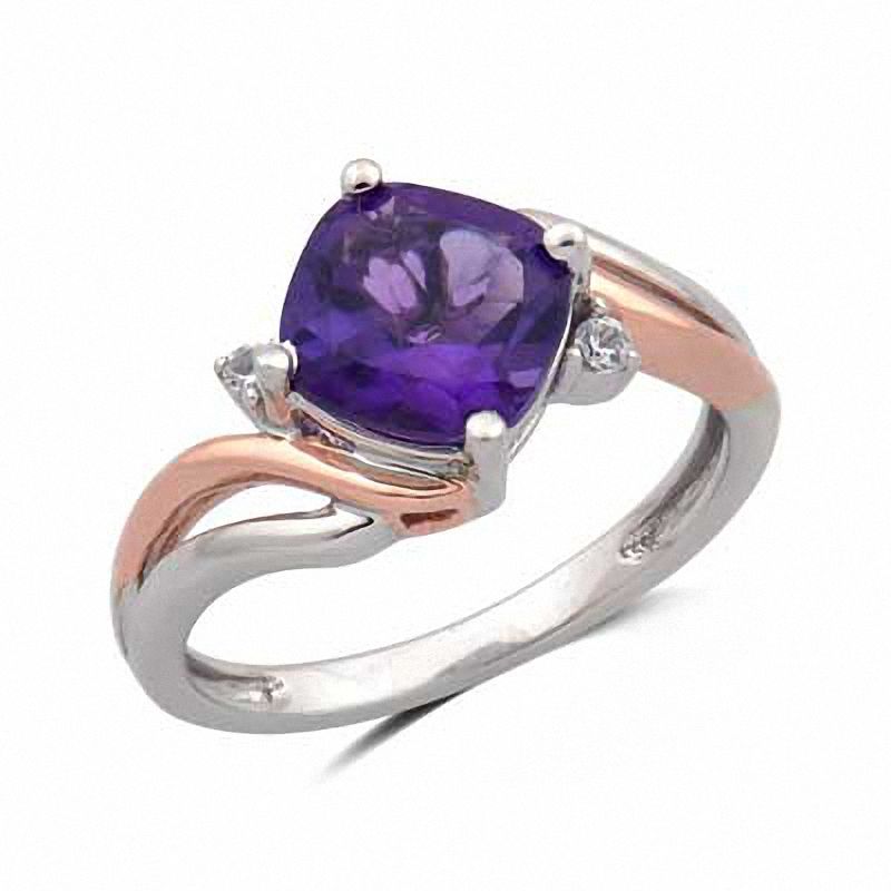 8.0mm Cushion-Cut Amethyst Pendant and Ring Set in Sterling Silver and 14K Rose Gold Plate - Size 7