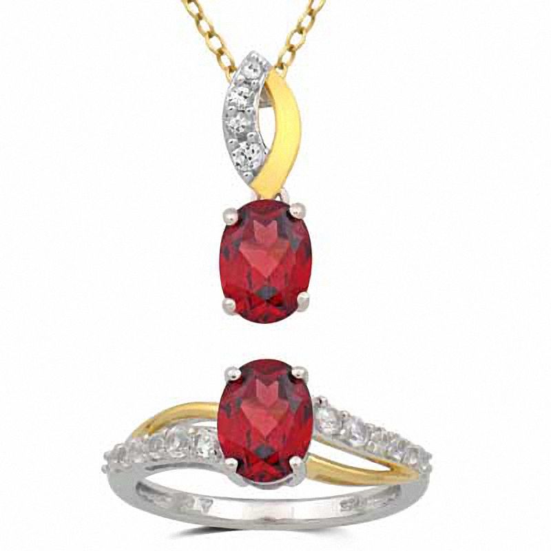 Oval Garnet and Lab-Created White Sapphire Pendant and Ring Set in Sterling Silver and 14K Gold Plate - Size 7|Peoples Jewellers