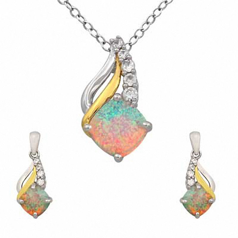 7.0mm Cushion-Cut Lab-Created Opal and White Sapphire Pendant and Earrings Set in Sterling Silver and 14K Gold Plate|Peoples Jewellers
