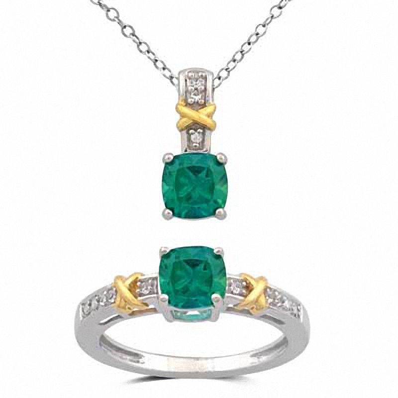 Cushion-Cut Lab-Created Emerald and White Sapphire Pendant and Ring Set in Sterling Silver and 14K Gold Plate - Size 7|Peoples Jewellers