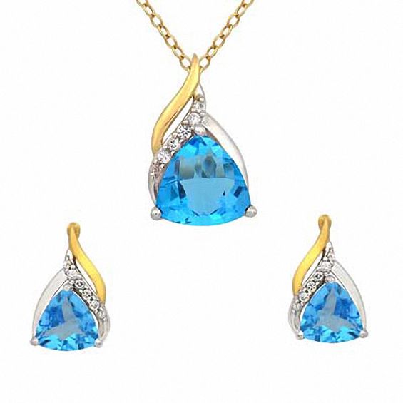 Swiss Blue Topaz and Lab-Created White Sapphire Pendant and Earrings Set in Sterling Silver and 14K Gold Plate