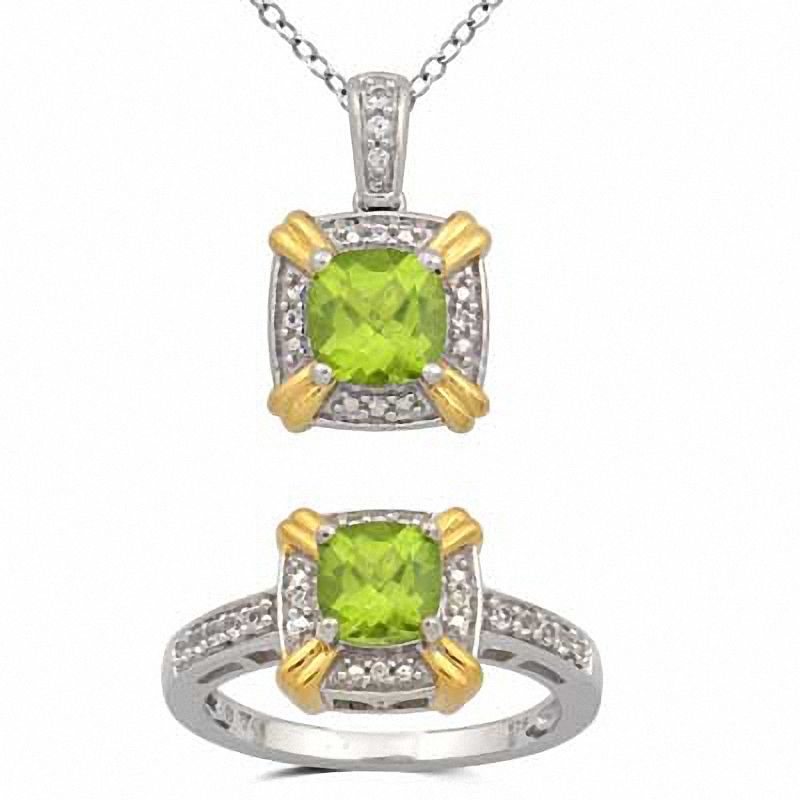 Cushion-Cut Peridot and Lab-Created White Sapphire Pendant and Ring Set in Sterling Silver and 14K Gold Plate - Size 7|Peoples Jewellers