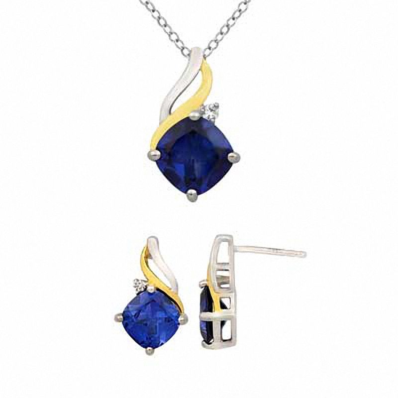 Cushion-Cut Lab-Created Ceylon and White Sapphire Pendant and Earrings Set in Sterling Silver and 14K Gold Plate|Peoples Jewellers