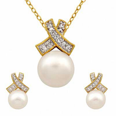 8.0-9.0mm Freshwater Cultured Pearl Pendant and Earrings Set in Sterling Silver and 14K Gold Plate