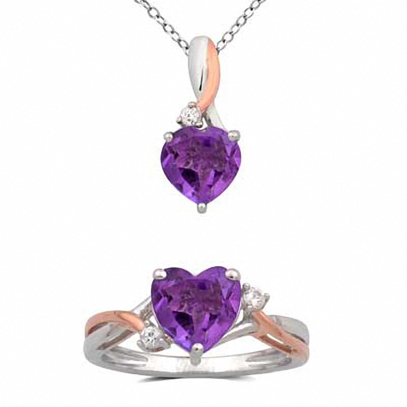 Heart-Shaped Amethyst and Lab-Created White Sapphire Pendant and Ring Set in Sterling Silver and 14K Rose Gold Plate|Peoples Jewellers