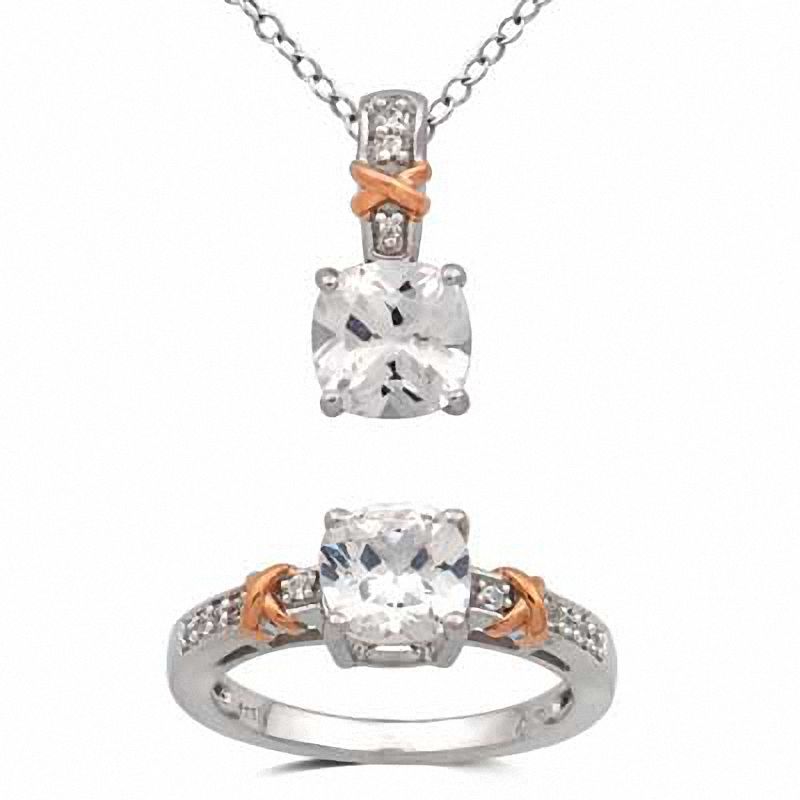 7.0mm Cushion-Cut Lab-Created White Sapphire Pendant and Ring Set in Sterling Silver with 14K Rose Gold Plate - Size 7