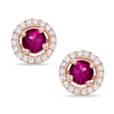 4.0mm Rubellite and 0.12 CT. T.W. Diamond Frame Stud Earrings in 10K Rose Gold