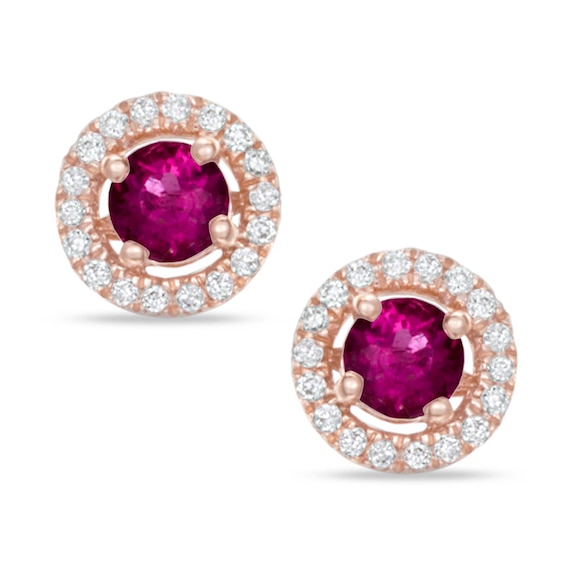 4.0mm Rubellite and 0.12 CT. T.W. Diamond Frame Stud Earrings in 10K Rose Gold