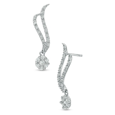 0.33 CT. T.W. Diamond Cluster Double Wave Drop Earrings in 10K White Gold