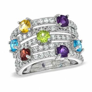 Multi Semi-Precious Gemstone and Lab-Created White Sapphire Ring in Sterling Silver