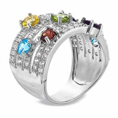 Multi Semi-Precious Gemstone and Lab-Created White Sapphire Ring in Sterling Silver