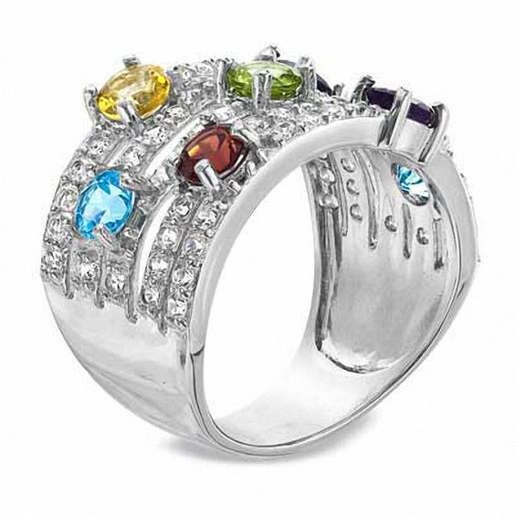 Multi Semi-Precious Gemstone and Lab-Created White Sapphire Ring in Sterling Silver