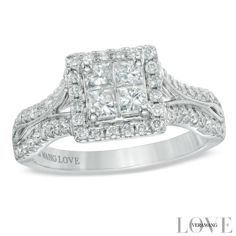 Vera Wang Love Collection 0.95 CT. T.W. Princess-Cut Quad Diamond Frame Engagement Ring in 14K White Gold