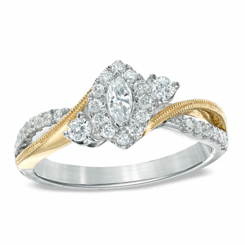 0.50 CT. T.W. Marquise Diamond Past Present Future Split Shank Ring in 10K Two-Tone Gold|Peoples Jewellers
