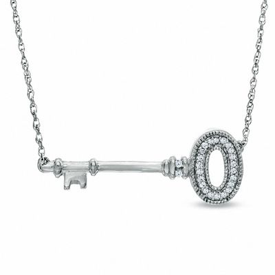 Diamond Accent Sideways Key Necklace in Sterling Silver