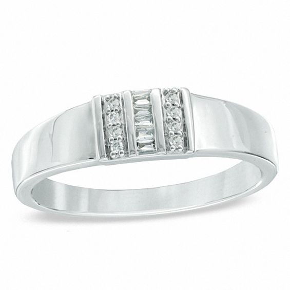 Men's 0.10 CT. T.W. Baguette and Round Diamond Ring in 10K White Gold