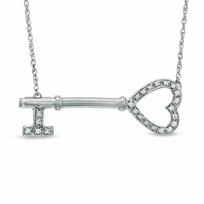 0.10 CT. T.W. Diamond Sideways Heart-Top Key Necklace in Sterling Silver