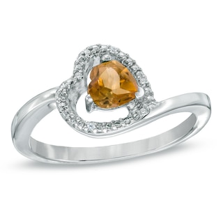 5.0mm Sideways Heart-Shaped Citrine and Diamond Accent Ring in Sterling Silver