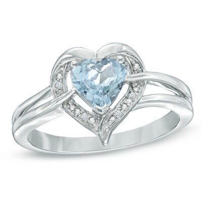 6.0mm Heart-Shaped Aquamarine and Diamond Accent Ring in Sterling Silver