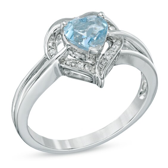 6.0mm Heart-Shaped Aquamarine and Diamond Accent Ring in Sterling Silver