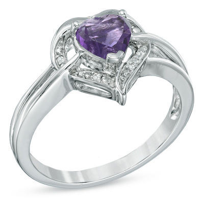 6.0mm Heart-Shaped Amethyst and Diamond Accent Ring in Sterling Silver