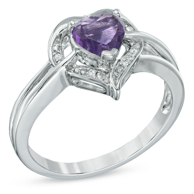 6.0mm Heart-Shaped Amethyst and Diamond Accent Ring in Sterling Silver|Peoples Jewellers