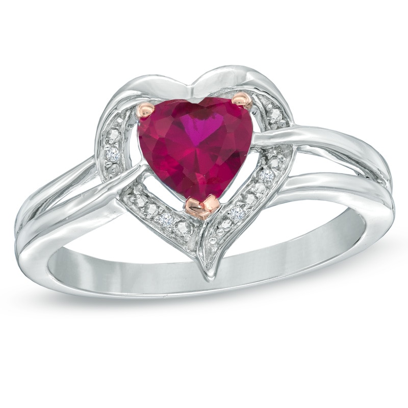 6.0mm Heart-Shaped Lab-Created Ruby and Diamond Accent Ring in Sterling Silver|Peoples Jewellers