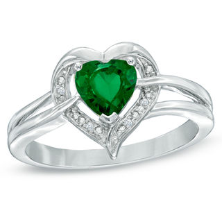 6.0mm Heart-Shaped Lab-Created Emerald and Diamond Accent Ring in Sterling Silver