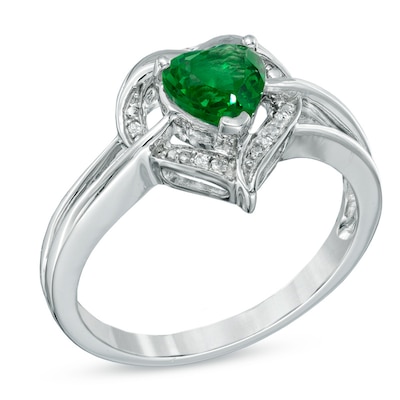 6.0mm Heart-Shaped Lab-Created Emerald and Diamond Accent Ring in Sterling Silver