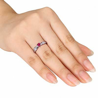 4.0mm Heart-Shaped Lab-Created Ruby and Diamond Accent Promise Ring in Sterling Silver