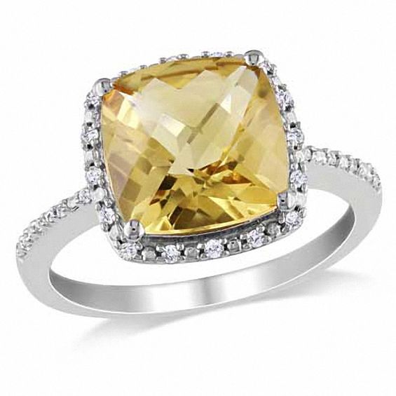 10.0mm Cushion-Cut Citrine and 0.10 CT. T.W. Diamond Frame Ring in ...