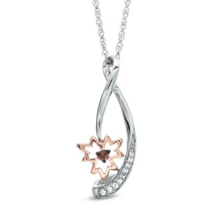 Enhanced Champagne and White Diamond Accent Maple Leaf Drop Pendant in Sterling Silver and 10K Rose Gold