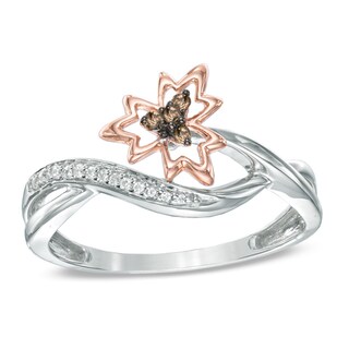 Enhanced Champagne and White Diamond Accent Maple Leaf Ring in Sterling Silver and 10K Rose Gold