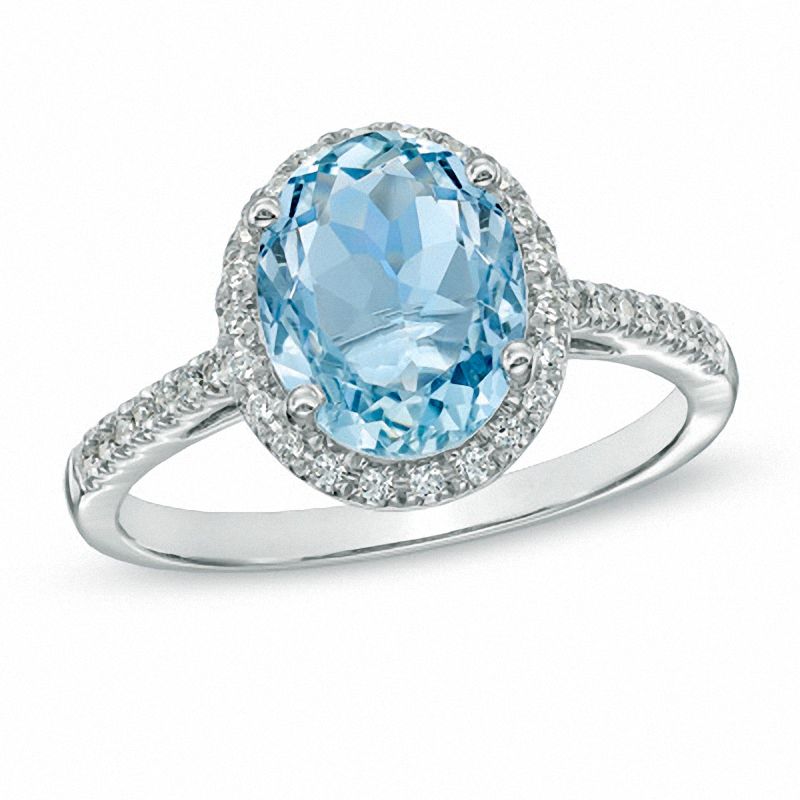 Oval Aquamarine and 0.20 CT. T.W. Diamond Frame Ring in 10K White Gold|Peoples Jewellers